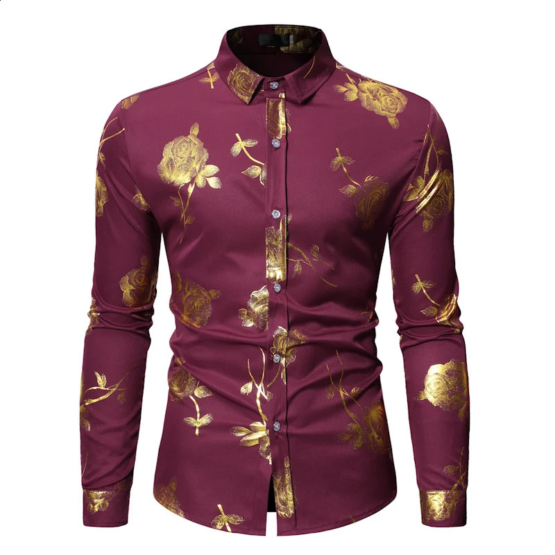 Mens Golden Rose Flower Printed Shirt Flower Steampunk Chemical White Long Sleeve Wedding Party Bronze Kamissa Masculina 241008