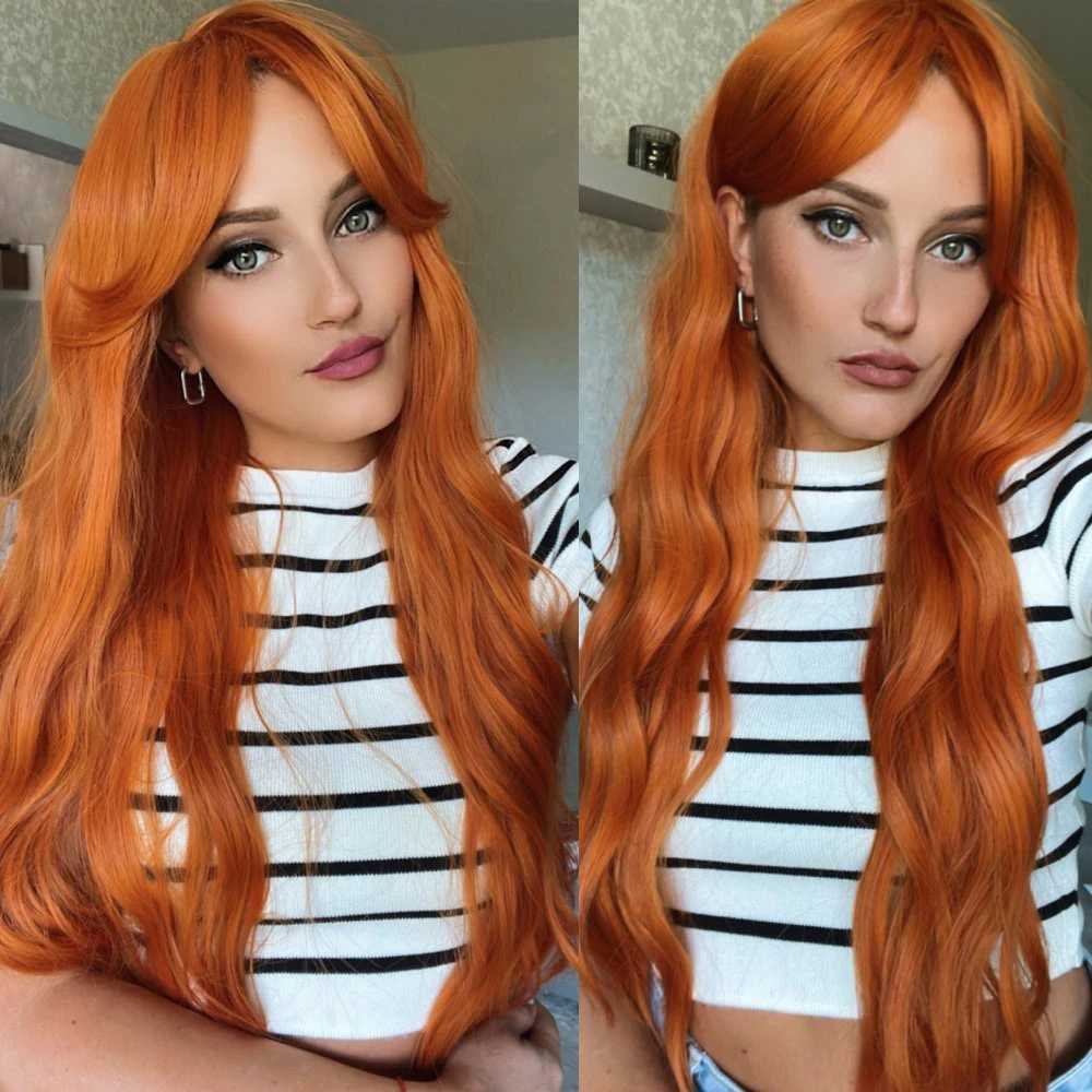 Long Curly Ginger Orange Synthetic Wigs with Long Bangs Deep Wave Wig for Black Women Cosplay Party Natural Hair Heat ResisitantXJ241008