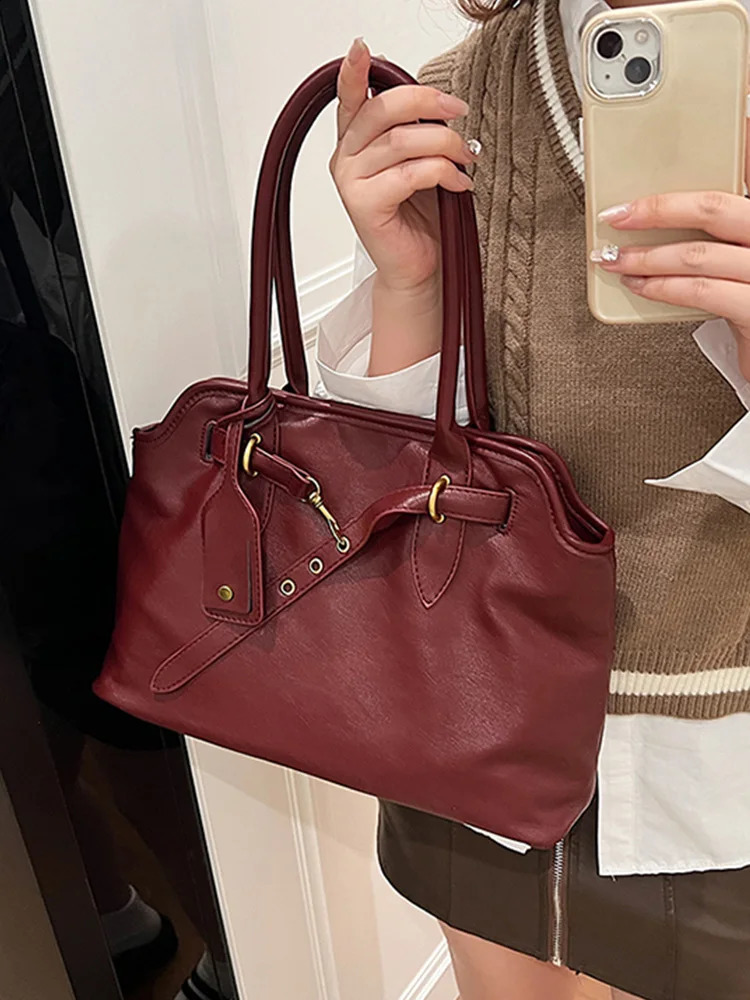 Vintage Brown Lady Handbags Textured PU Leather Fashion Shoulder Bag Autumn Winter Women Underarm Bags 240924