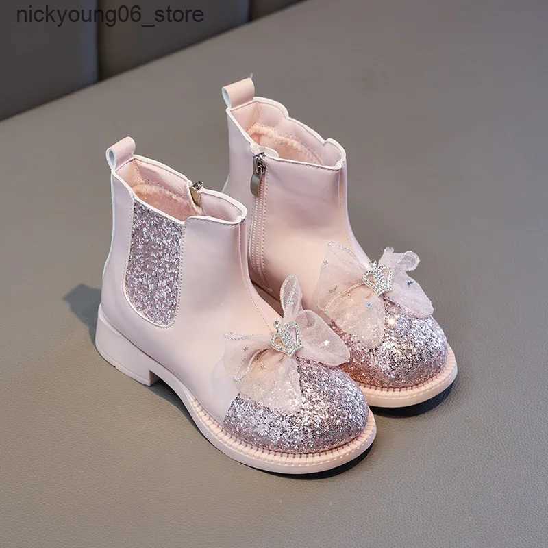Boots Kid Shoe Fashion Girl Boots Autumn 2023Trend Soft Sole Princess Boot Non Slip Two Cotton Leather Boot Bow Ankle Boot Botas L240910