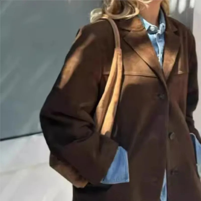 Retro brown suede leather jacket for womens fashion single chest pocket lapel crop coat womens autumn coat 241007