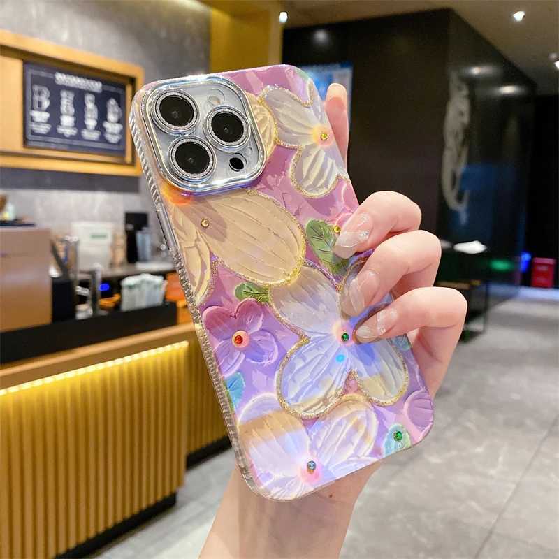 Luxury Fashion Purple Flowers Laser Phone Case For iPhone 16 Pro Max 15 14 13 12 11 Glitter Diamond Soft Shockproof Bumper Cover Z250122