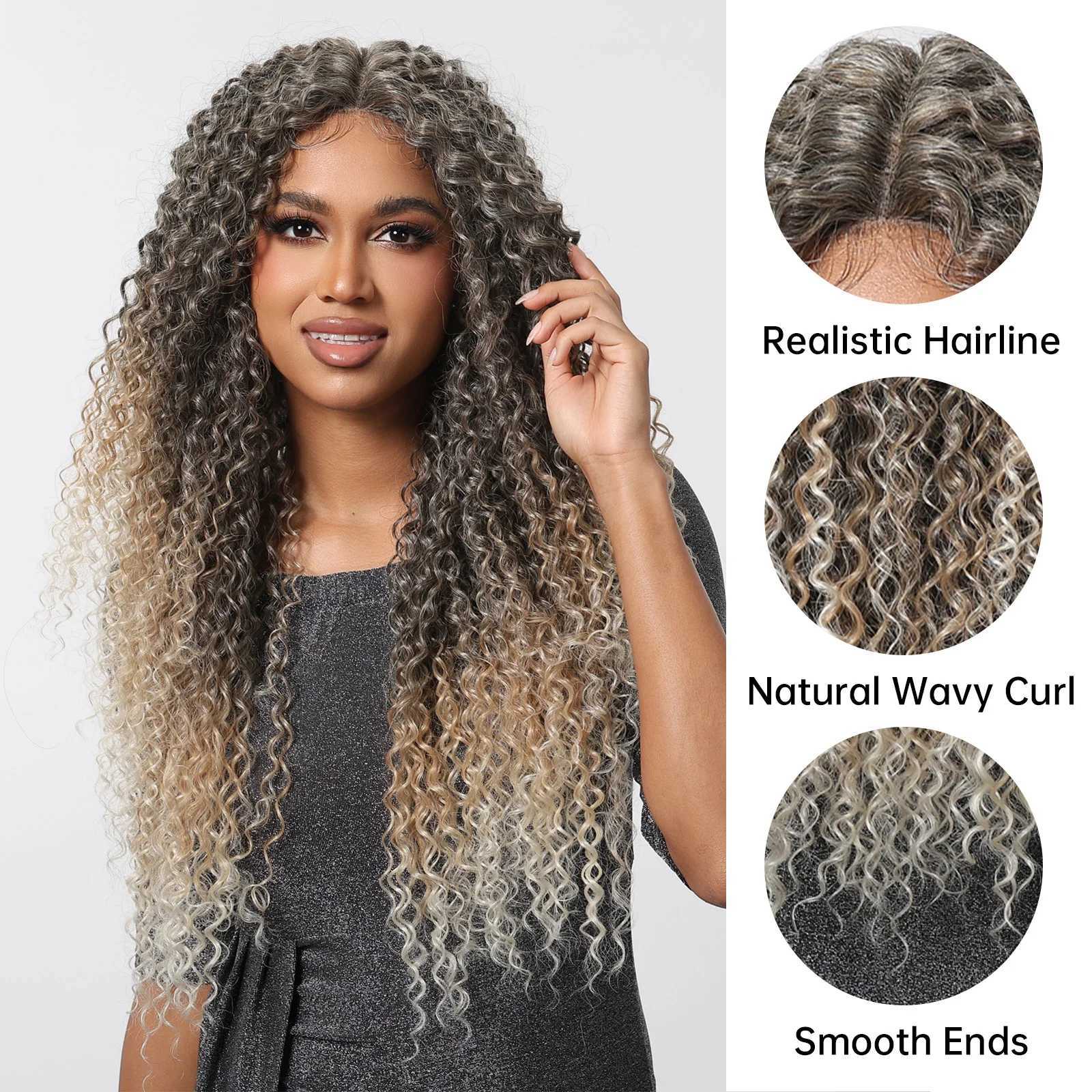 Long Kinky Curly Afro Lace Frontal Synthetic Wigs Gray Blonde Platinum Wigs Deep Curl Wigs for Black Women Brazilian T Part LaceXJ241008