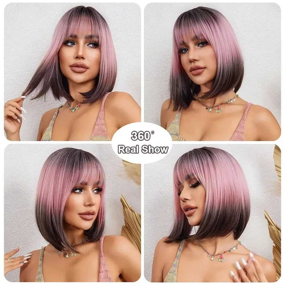 ALAN EATON Short Ombre Pink Black Hair Wig Synthetic Bob Wigs with Bangs Pink Straight Wig for Women Party Use Heat ResistantXJ241008