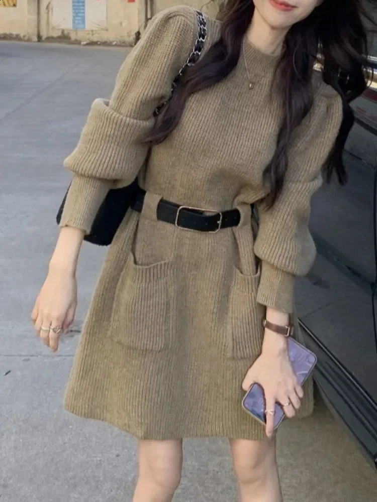 QWEEK Autumn Winter Knitted Sweater Womens Retro Long Sleeve Mini Belt Short Skirt 241007