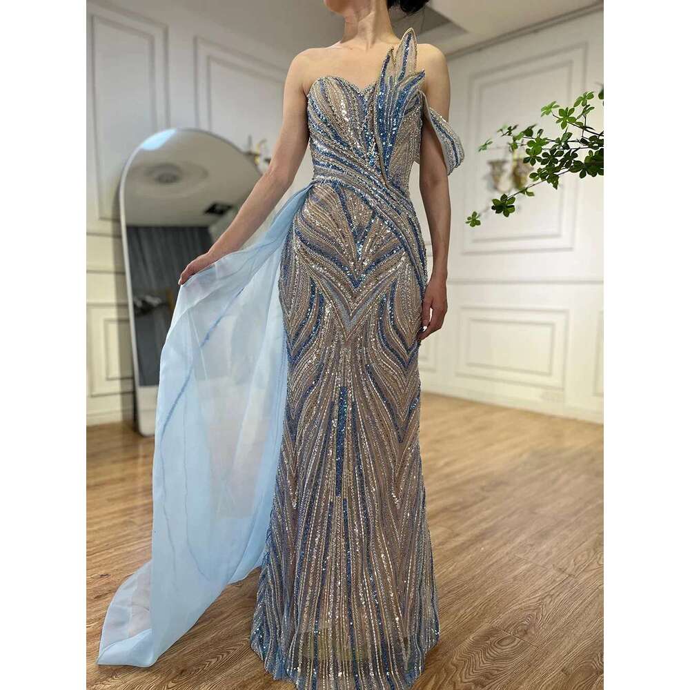 Serene Hill 2024 Arabic Blue One Shoulder Dubai Evening Gown with Side Overskirt Beaded Dress for Women's Party CLA72662
