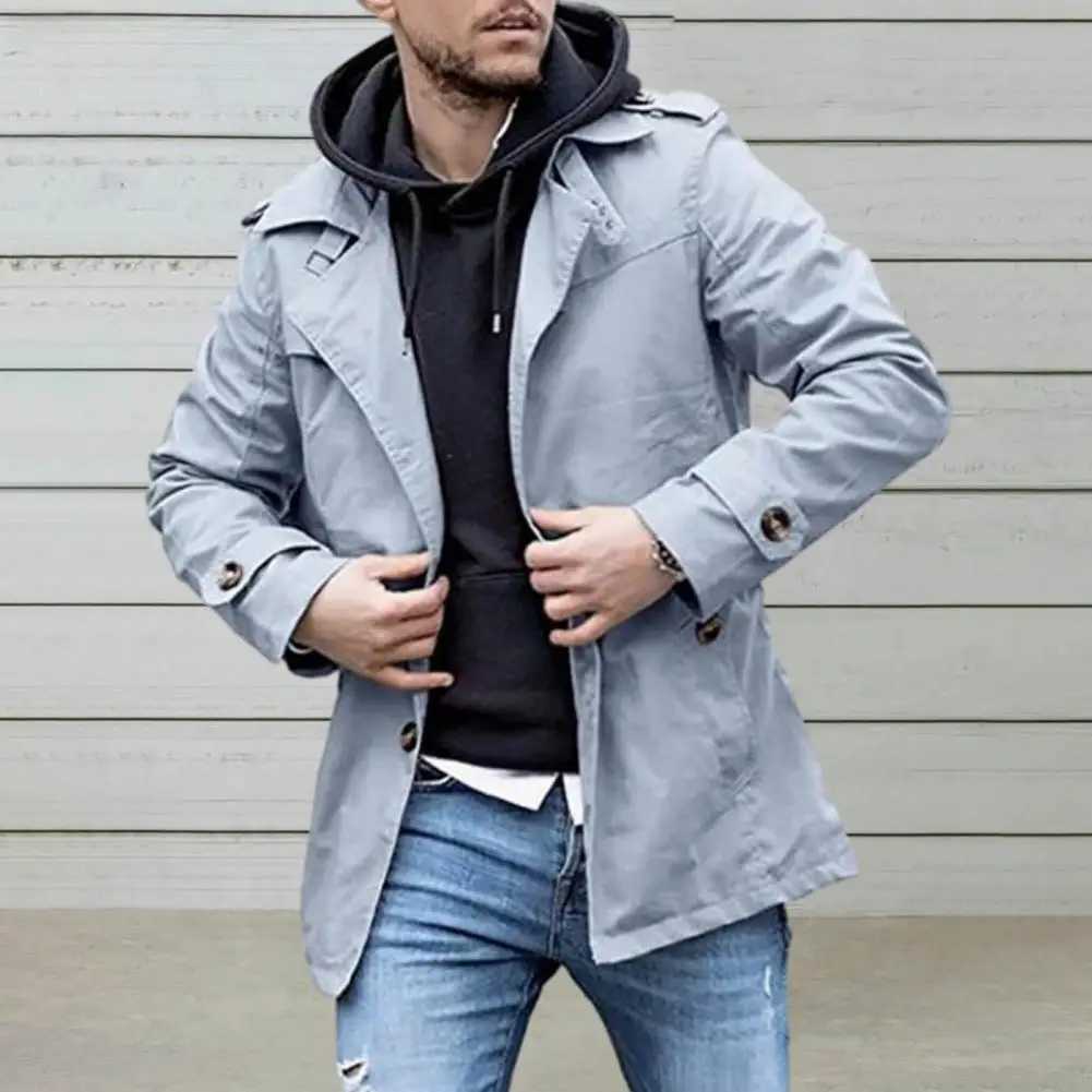 Mens Trench Coat Regular Fit Jacket Fashionable Mens Medium Length Trench Coat Windproof Casual Street Wear Jacket with Collar Suitable for Autumn W24