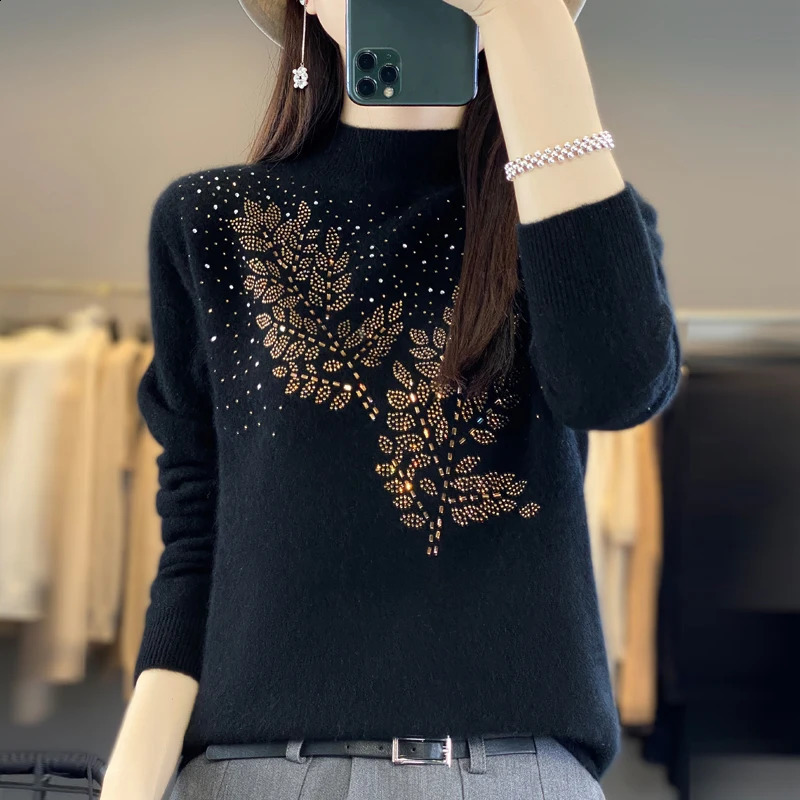 DjzDsm 100% Merino Pure Wool Womens Diamond Half Turtle Neck Sweater AutumnWinter Long Sleeve Knitted Top 241007