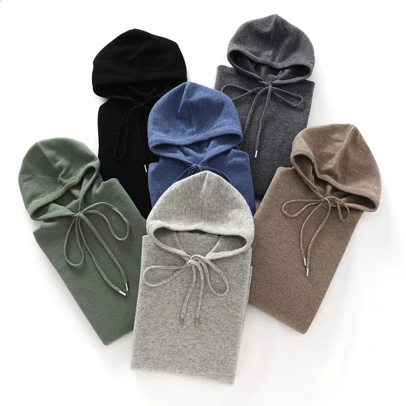 2024 Autumn Winter Cashmere Sweater Mens 100 Wool Hooded Collar Knit Pullover Business Casual Long Sleeved Sports Hoodie 240930