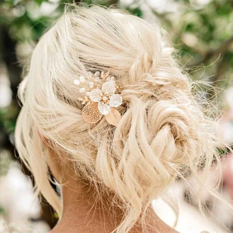 Gold or silver pearl flower leaves crystal hair comb clip strap suitable for female brides weddings bridal hair accessories jewelry comb gifts W241007