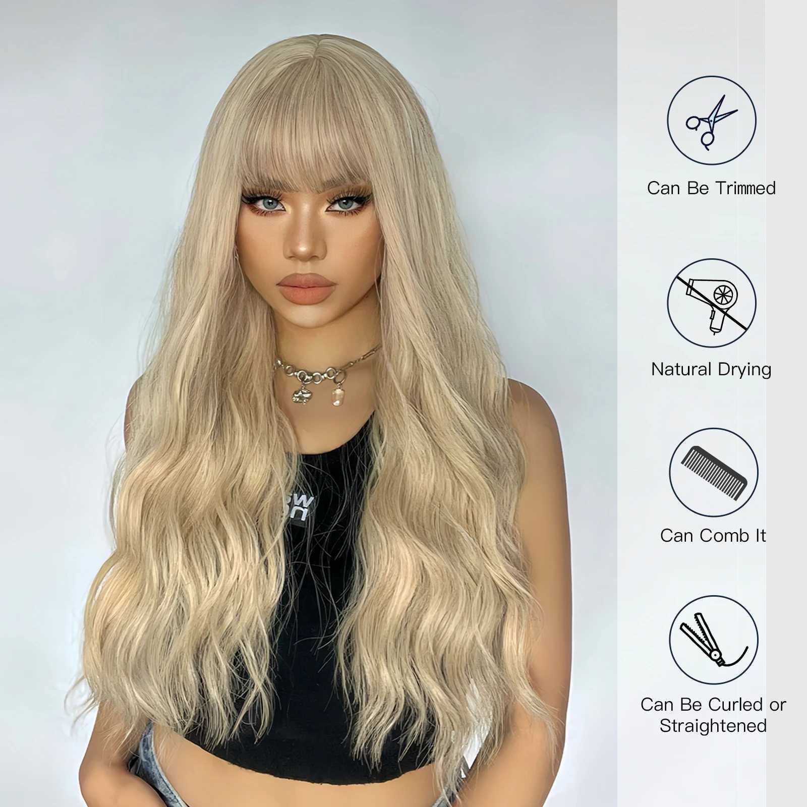 Blonde Long Curly Synthetic Wigs for Women Light Yellow Body Wave Natural Hair Wig for Cosplay Heat Resistant Hair With BangsXJ241008