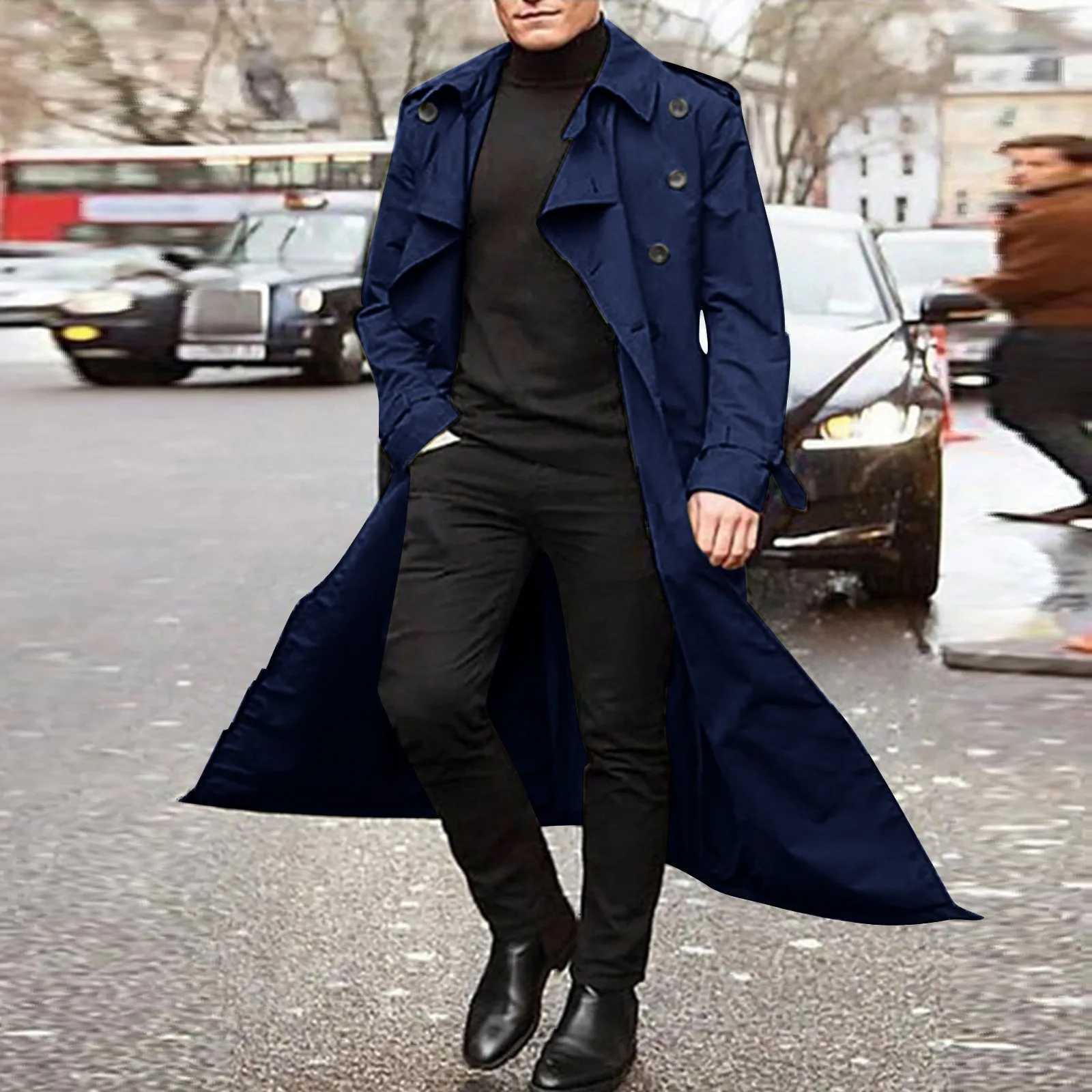 Mens coat autumn and winter fashion handsome long trench coat double chest coat street clothing party belt loose jacket W241007