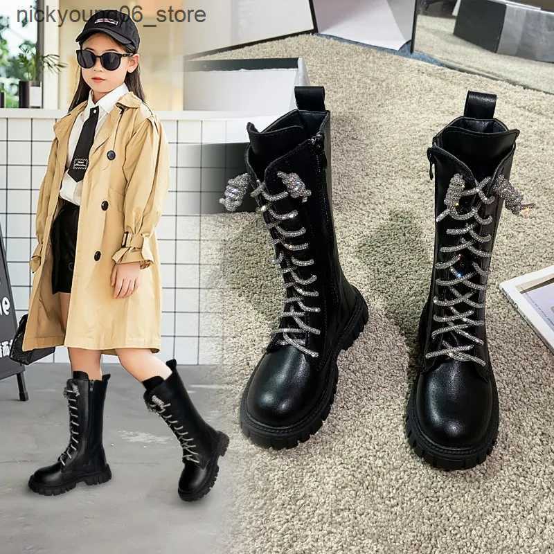 Boots Autumn New Long Boots for Girls Fashion Kids Rhinestone Princess Shoes Warm Anti Slip Casual Cotton Boots Lace Up Children Shoes L240910