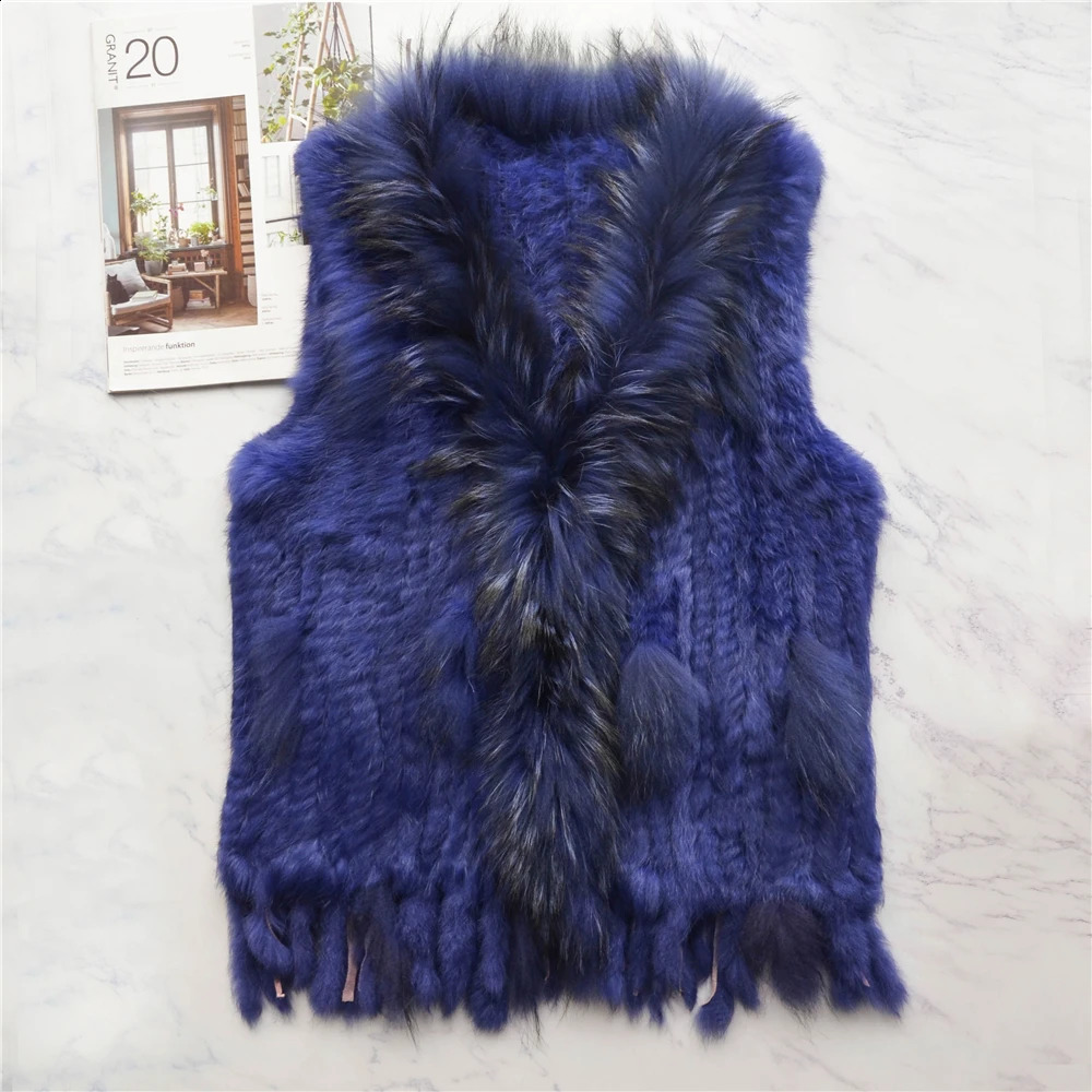 Womens genuine rabbit fur vest tassel coat raccoon fur collar jacket waist clothing wholesale direct 240924