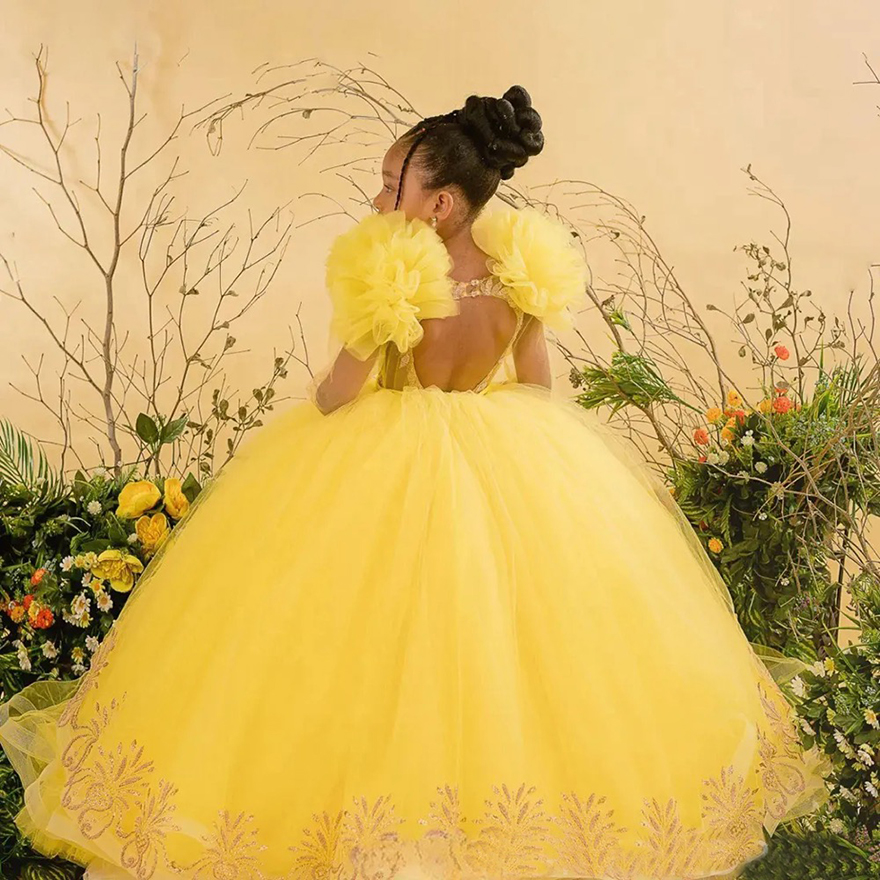 2024 Yellow Flower Girl Dresses Girls Birthday Party Dress Long Cap Sleeves Tiered Tulle Lace Queen Princess Gowns for African Black Little Girls