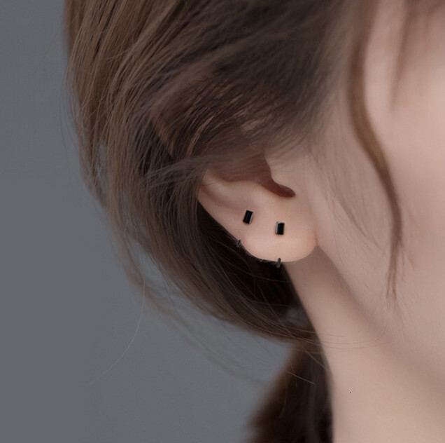 Sier needle women's hole, small square hook, ear bone ring earrings, simple and niche earrings