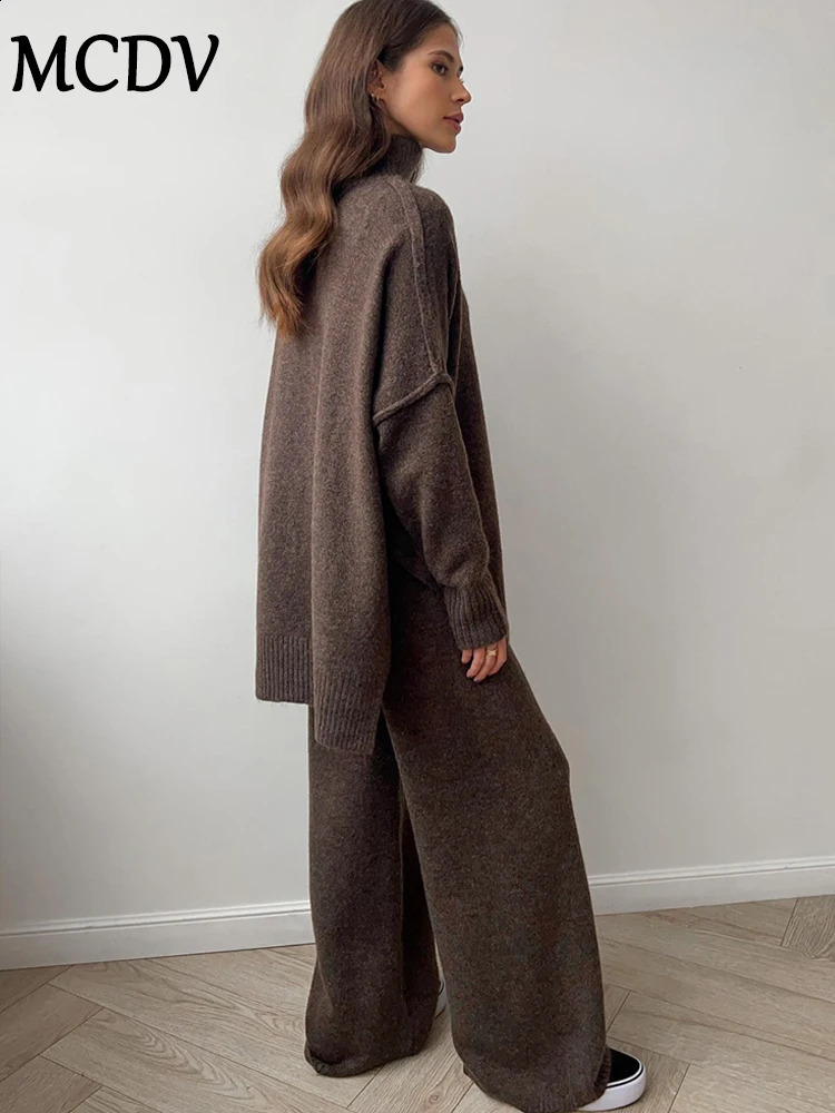 MCDV Autumn/Winter Knitted Two Piece Pants Set Womens Turtle Neck Loose Sweater Wide Leg Pants Matching Pajamas 241007
