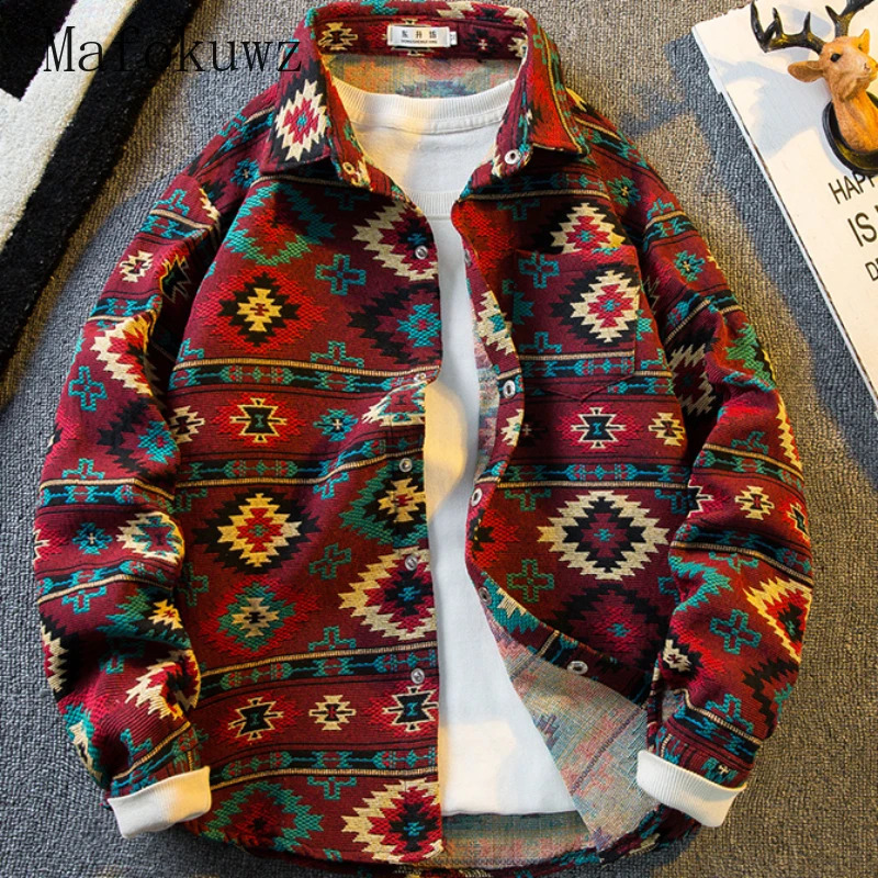 Autumn vintage embroidery woven long sleeved mens ethnic style loose casual high street shirt jacket mens clothing 241008