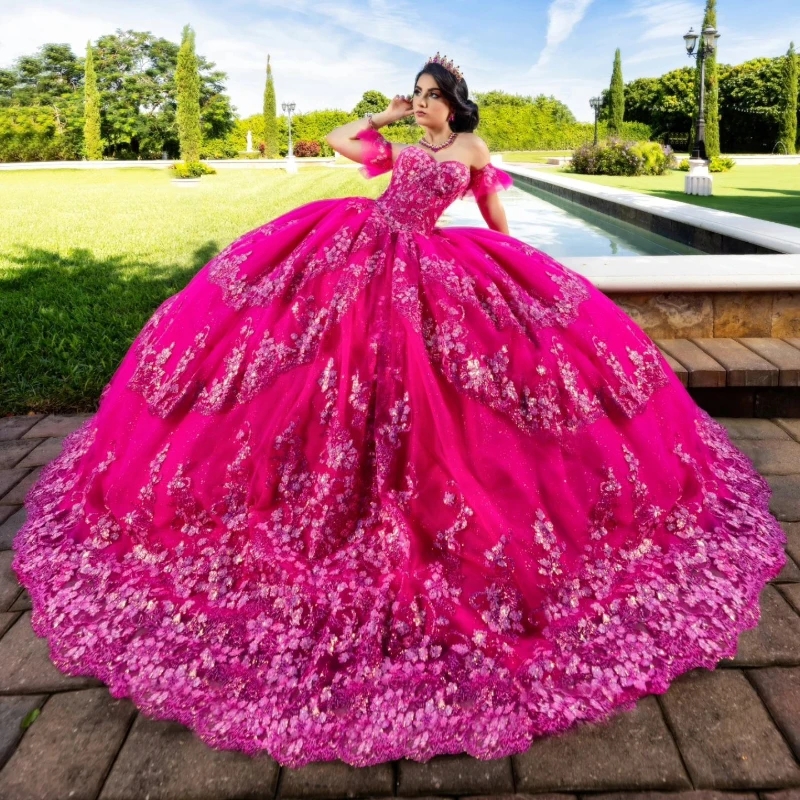 Rose Red Off The Shoulder Quinceanera Dresses Applique Lace Crystal Beads Sequined Ball Gown Corset Vestidos 15 Para XV Anos Sweet 16 Dress