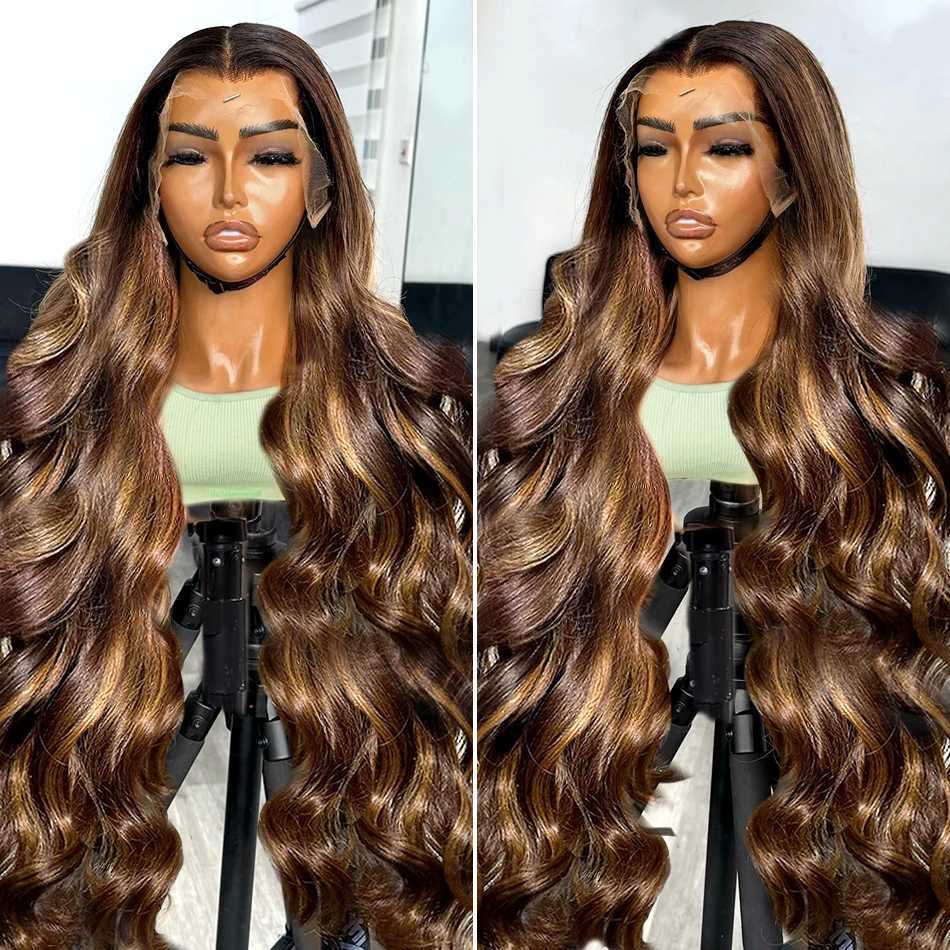 30 32 Inch 4/27 Ombre Body Wave Lace Front Wigs 220% 13x4 13x6 Highlight Borwn Lace Frontal Human Hair Wigs For Women PrepluckedXJ241008