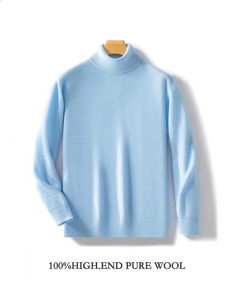 100 Pure Merino Wool Pullover 2024 AutumnWinter Mens Turtleneck Business Casual Cashmere Sweater Loose Solid Color Tops 240930
