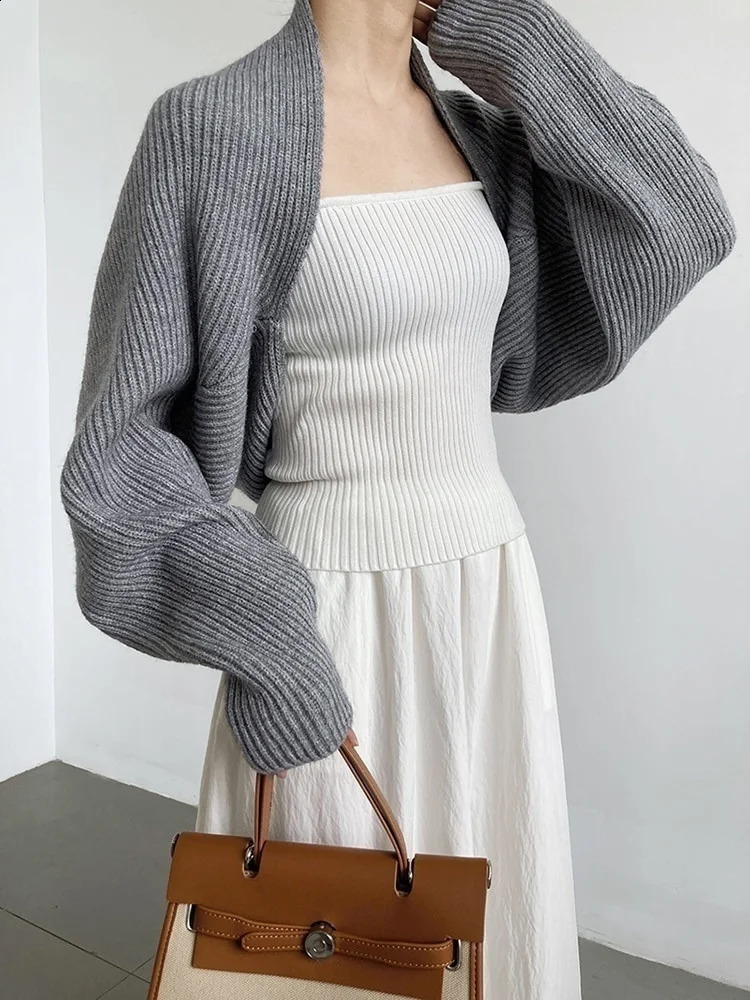 EAM Elegant Gray Knitting Cardigan Sweater Loose Fit VNeck Long Sleeve Women Fashion Autumn Winter 2024 1DF2337 240924