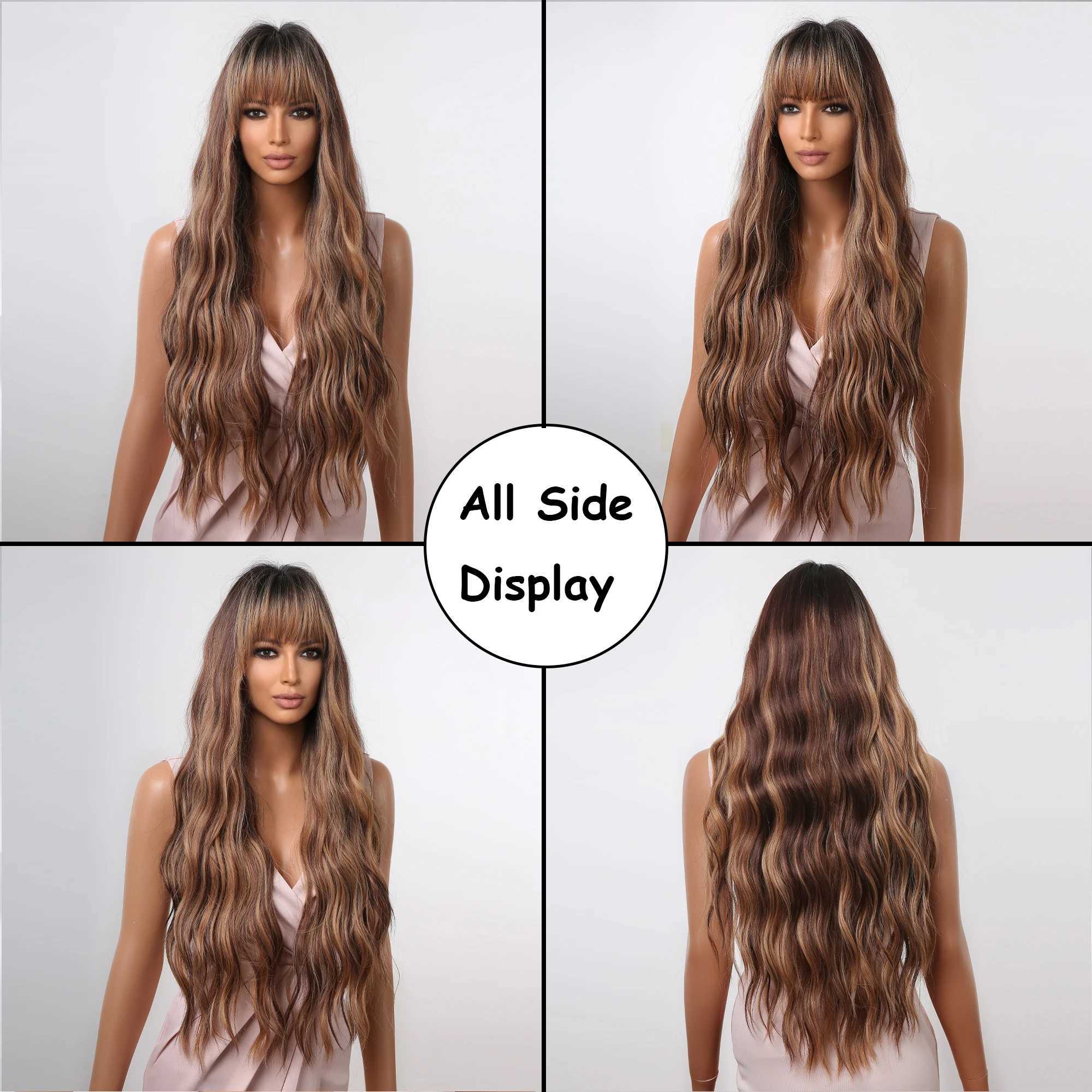 Chocolate Brown Highlight Synthetic Wigs Long Curly Wave Hair Wig With Bangs for Women Heat Resistant Honey Brown Cosplay HairXJ241008