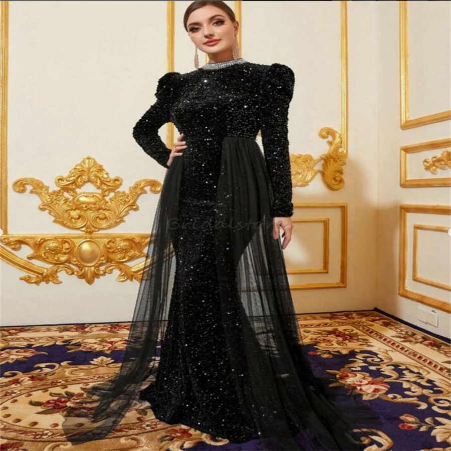 Glitter Black Mermaid Prom Dresses With Train Elegant Mermaid Sequin Evening Dress Dubai Abaya Muslim Formal Occasion Birthday Dress Beaded Open Back 
