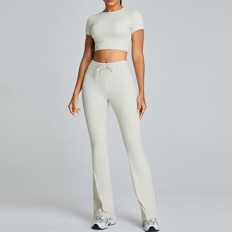 Threaded micro yoga set for women, slim fit and slimming fitness top, split flared pants, skipping exercise suit