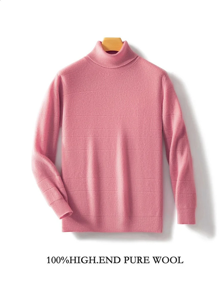 100 Pure Merino Wool Pullover 2024 AutumnWinter Mens Turtleneck Business Casual Cashmere Sweater Loose Solid Color Tops 240930