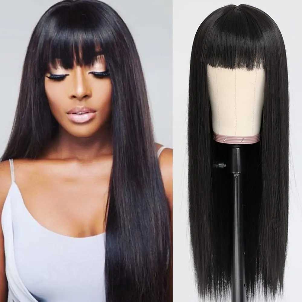 28 Inch Black Synthetic Hair Wig With Full Bangs Long Straight Wig Natural Soft Hair Heat Resistant Silk Headpiece For WomenXJ241008