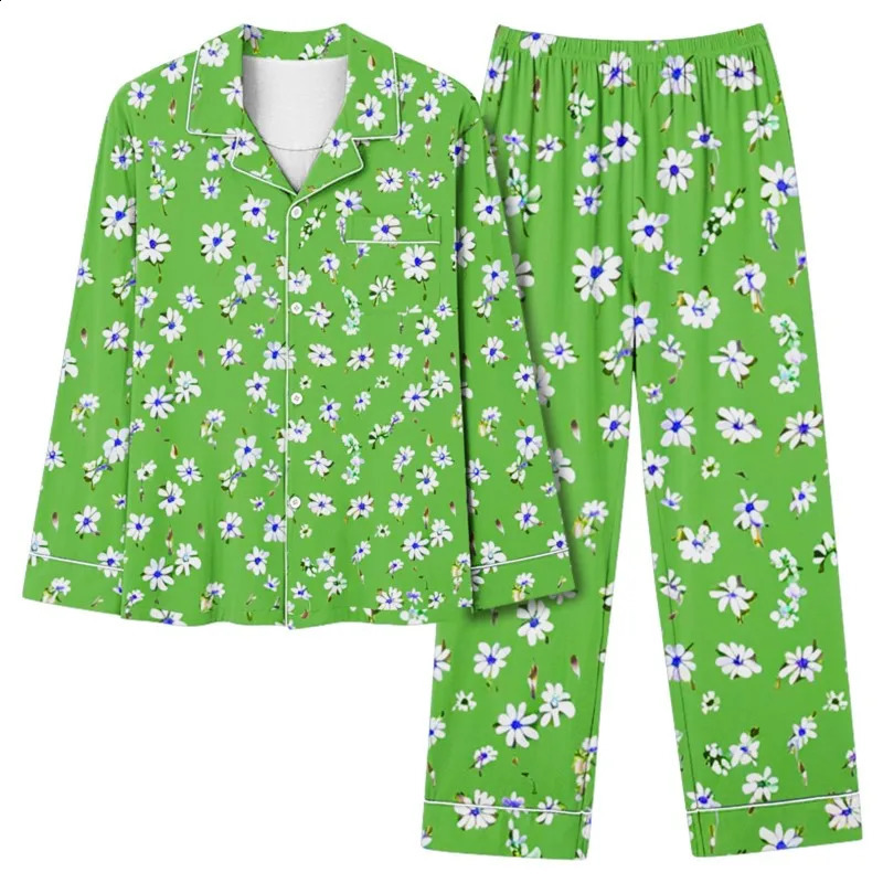 Floral print womens twopiece set spring summer autumn winter lapel pocket pants elegant casual loose home wear 241008
