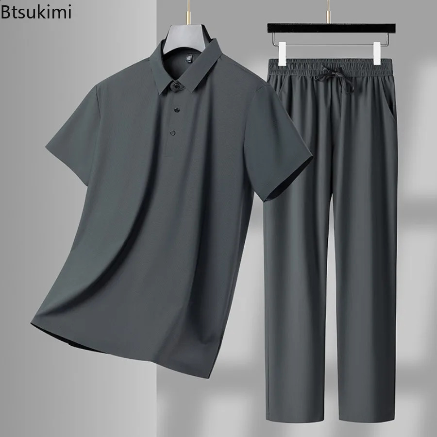 High quality mens casual suit summer cool breathable ice silk sportswear two-piece mens short sleeved polo shirtpants track suit 240930