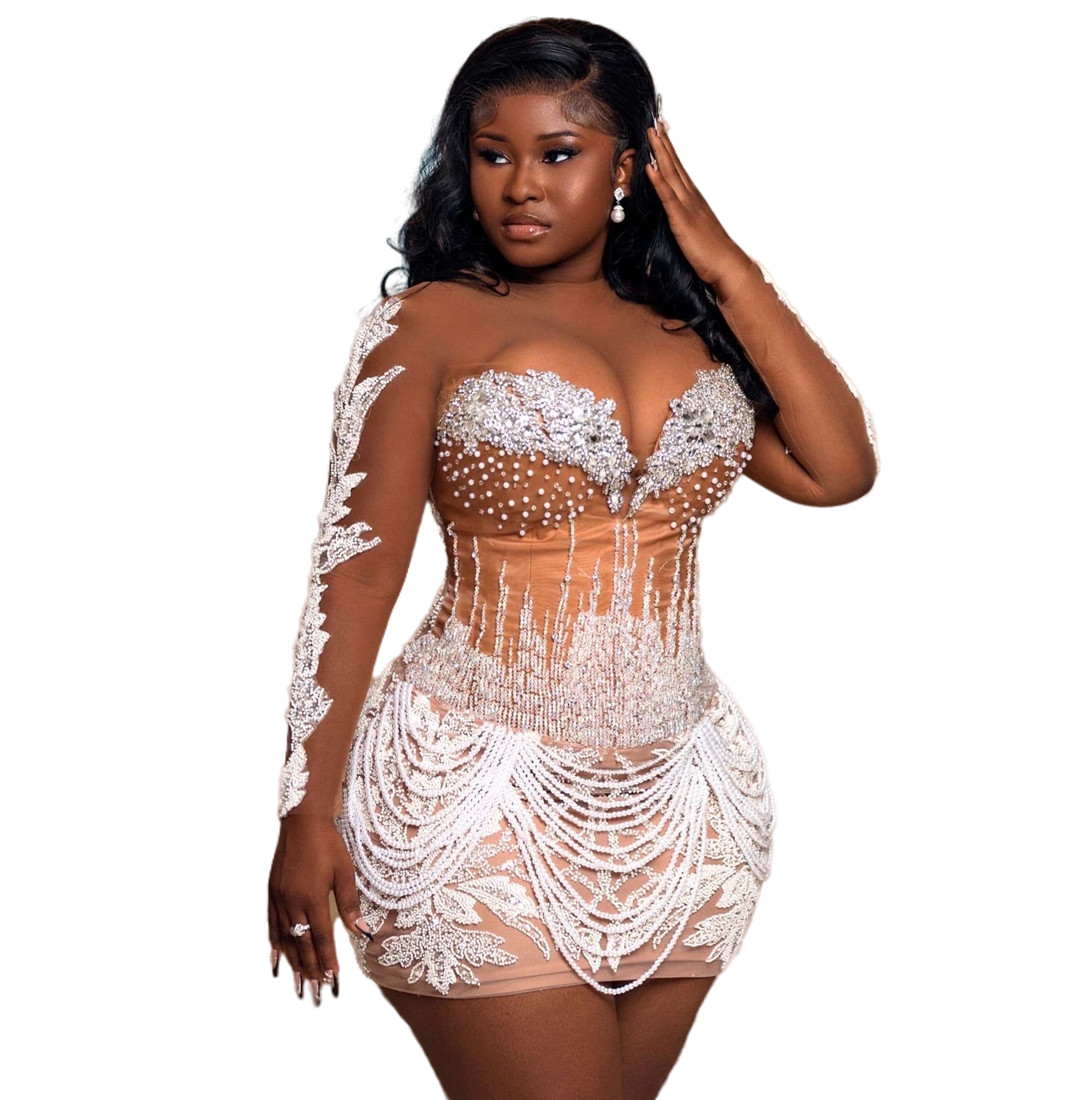 Chic Ivory Illusion Sheath Cocktail Dress Full Sleeves Rhinestones Lace Beaded Short Mini Graduation Homecoming Dresses For Special Occasions Sweethea