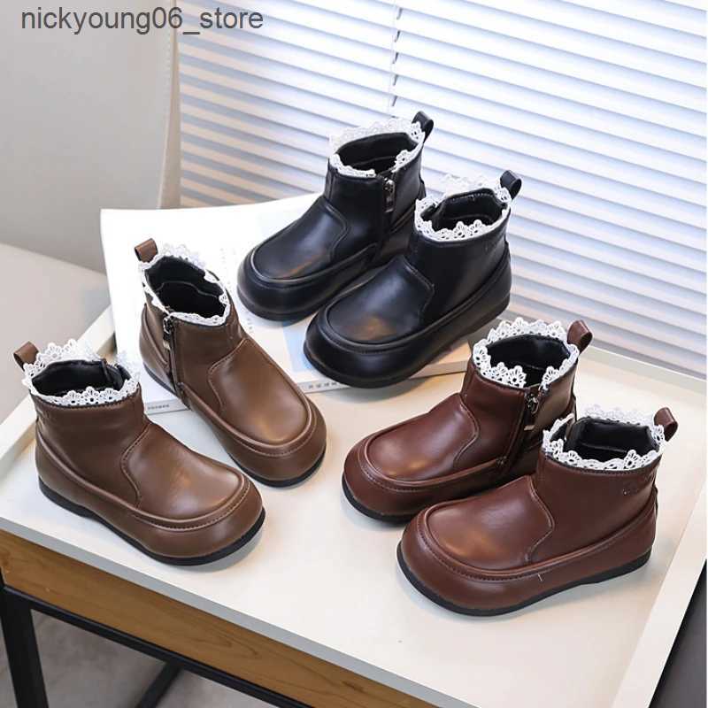 Boots Girls Ankle Boot Ruffled Edge Sweet Children Princess Black Boots Fashion Versatile Kids Elegant Short Leather Boots Non-slip L240910