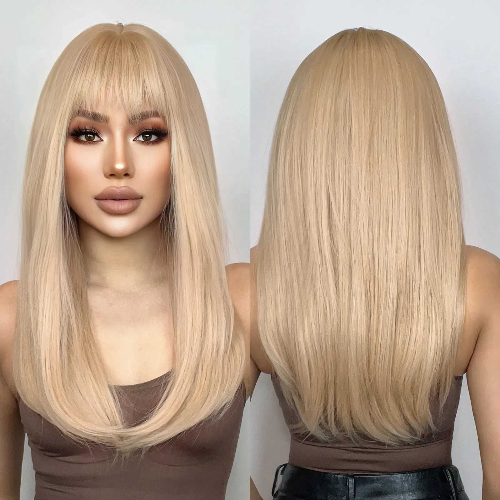 HENRY MARGU Blonde Layered Synthetic Wigs with Bangs Long Straight Wig for White Women Heat Resistant Fiber Hair Daily Party UseXJ241008