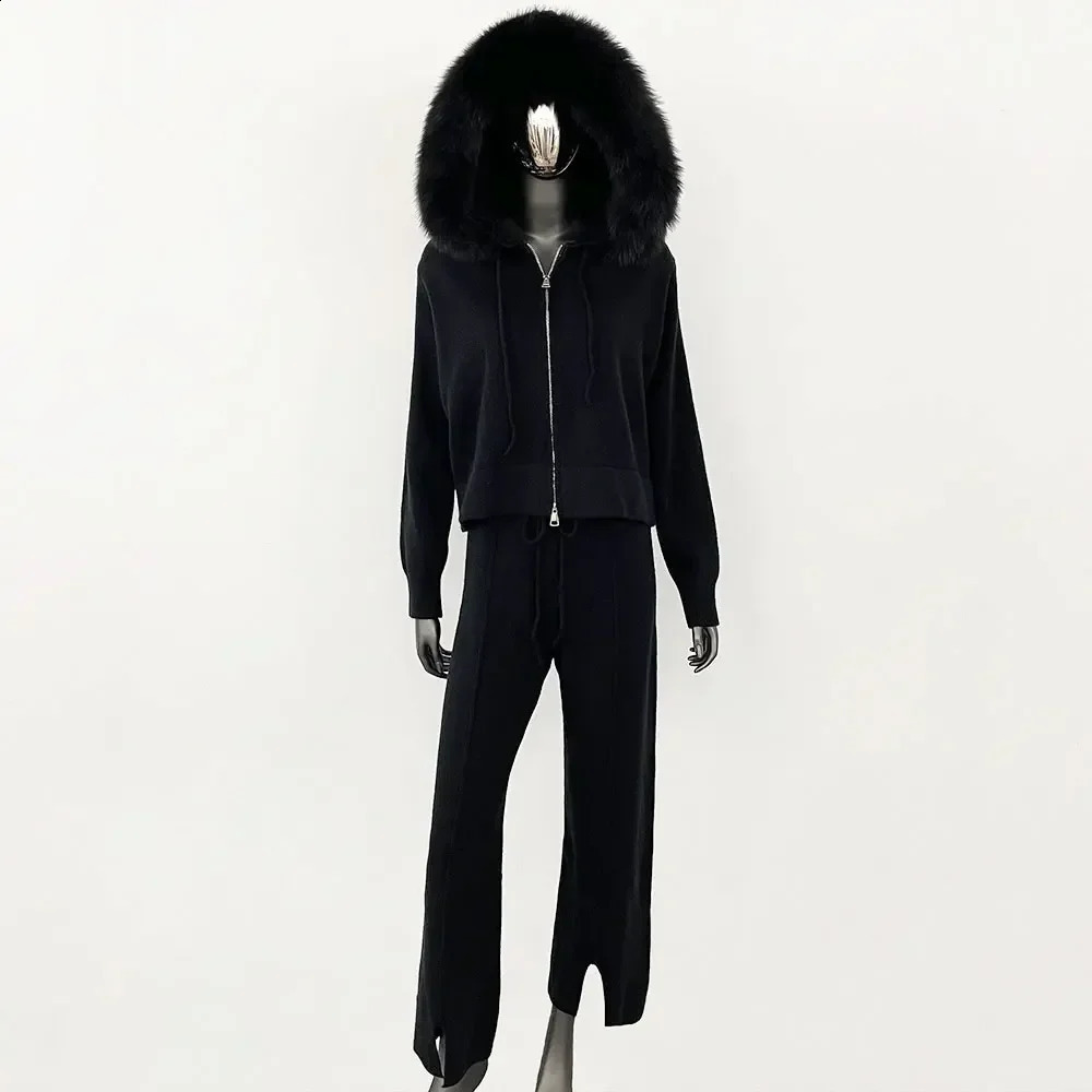 GENHUA AutumnWinter Fashion Sweater Set Womens Trouser Hooded Jacket with Detachable Fox Fur Collar Coat 240929
