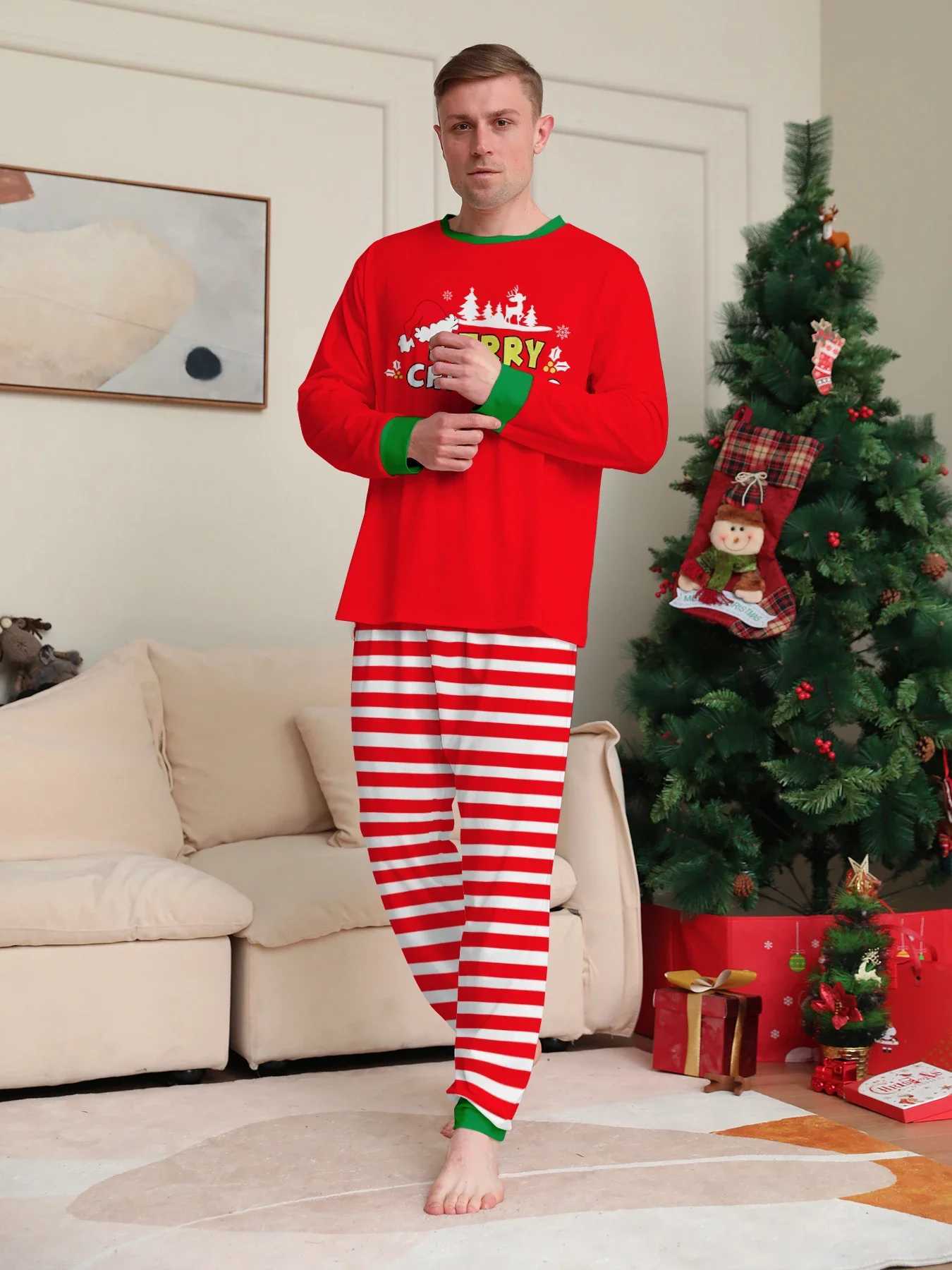 Merry Christmas Striped Print Pajamas Set Parent-child Matching Outfits Cute Soft 2 Pieces Suit Loungewear Xmas Family Look PjsXJ241008
