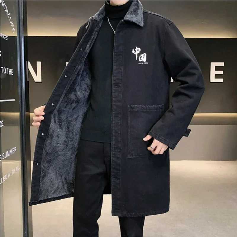 Mens denim trench coat large-sized cashmere and wool thick autumn and winter hot coat medium length ZL87 W241007