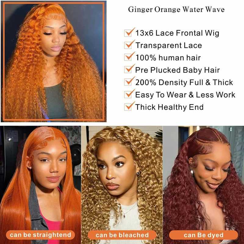 Orange Ginger Lace Front Wig 30 Inch Curly Lace Front Remy Human Hair Wig Water Wave 13x6 13x4 Lace Frontal Wigs for WomenXJ241008