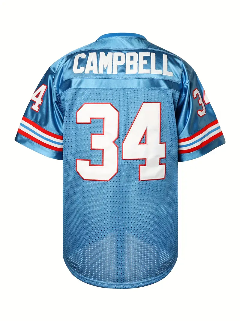 #34 Earl Campbell Comfy V-Neck Football Jersey Light Blue Mesh Embroidery for Training and Competition Breathable Moisture-Wicking American Football S