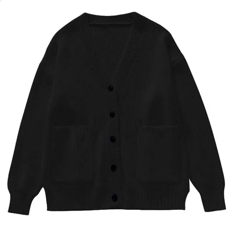 Loose open collar womens long sleeved Vneck knitted black slow speed full matching autumn and winter outerwear Korean fashion luggage top 241007