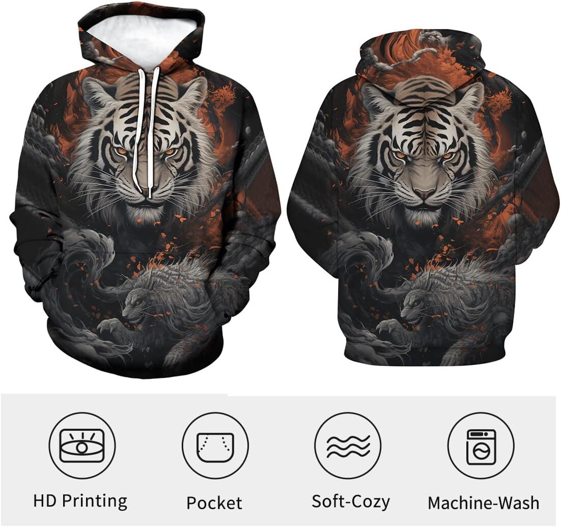 Hoodie for Mens Womens Psychedelic Tiger Hoodie Pullover 3D Printed Vintage Long Sleeved Sweatshirt Hoodies Men Graphic comfort