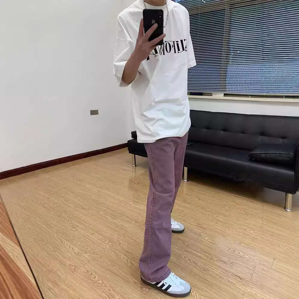 Summer Thin Micro Flared Pants Men's Retro American Jeans Cleanfit Straight Tube Loose Fit Men's Work Pants
