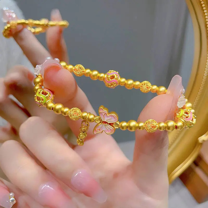 9999 24K genuine gold blue butterfly bracelet womens antique style explosive style niche high-end feeling colorful bracelet 240929