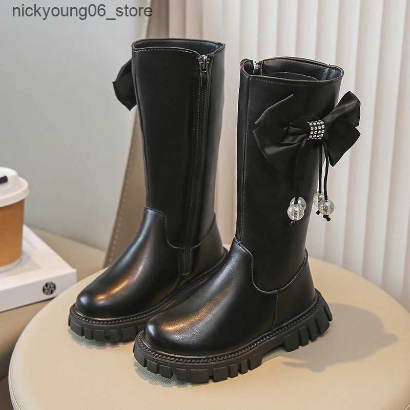 Boots Childrens Autumn Boots Solid Color Girls High Boots School Black Beige Versatile Kids Tassels Long Boots Matte Leather Zipper L240910