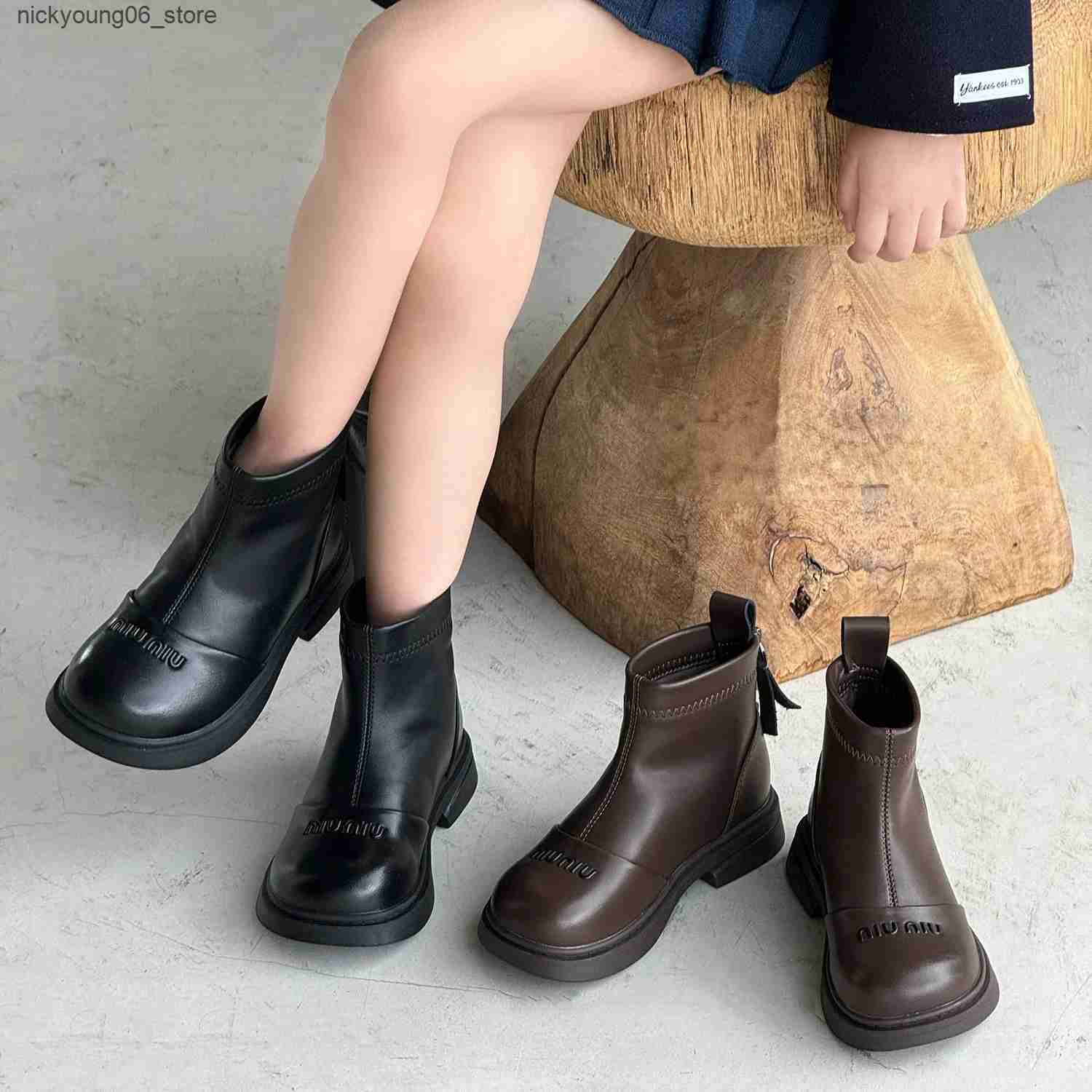 Boots Childrens Boys Girls Round Toe Zipper Platform Rubber Leather Autumn Boots Kid Toddler Fashion Soft Sole Princess Boots L240910