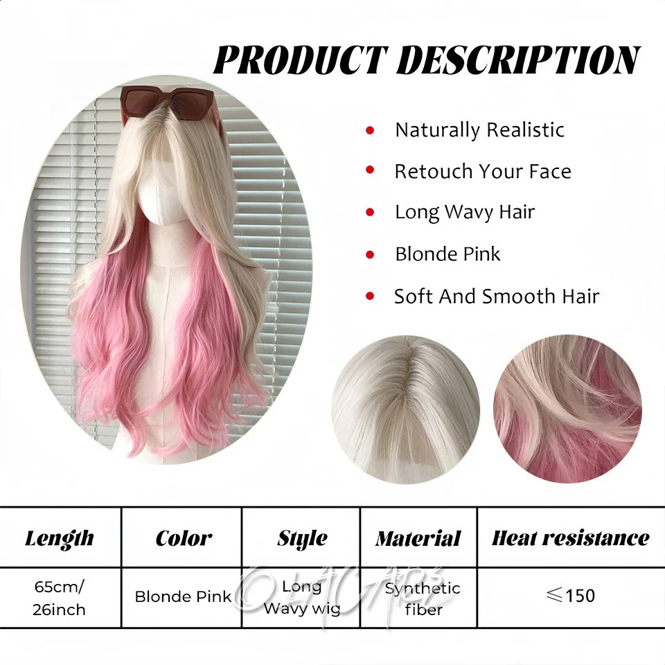OLACARE Curled Long Wave Pink Blonde Highlight Synthetic Hybrid Wig with Fluffy bangs Suitable for Womens Daily Use 241007