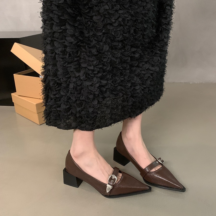 2025 New Designer Korean French Small Leather Commuter Shoes Thick Black Pointed Women's Single High Heels