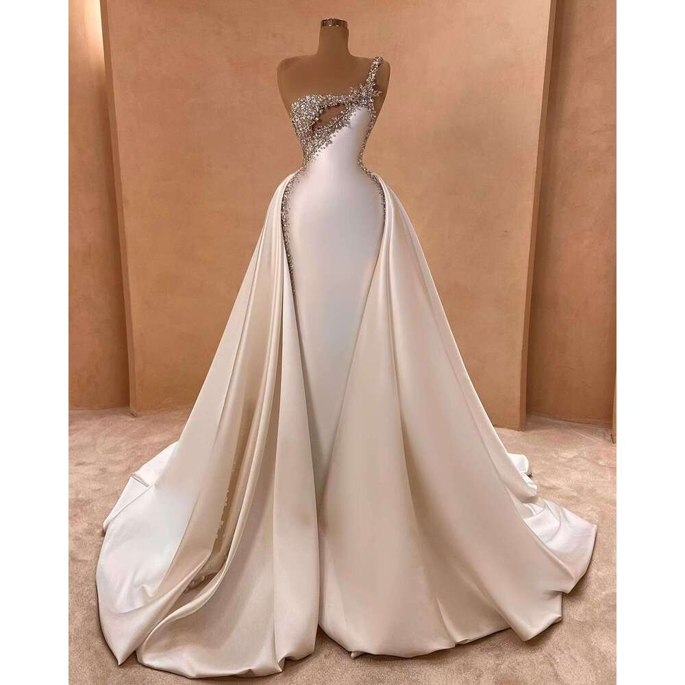 One Shoulder Satin Crystal Wedding For Bride 2025 Detachable Skirt Bridal Dresses Gowns 0220